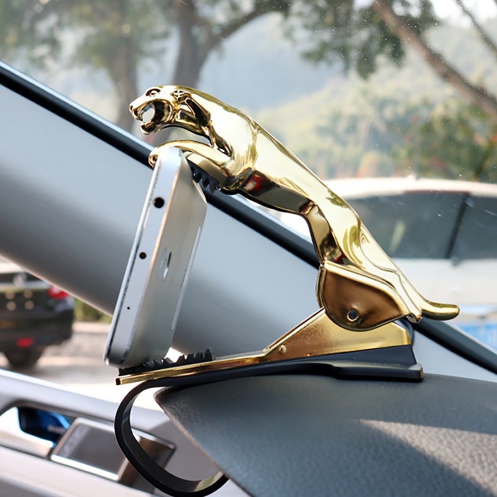 A versatile dashboard clip for the car, combining a phone holder and navigation stand, designed as a golden leopard.