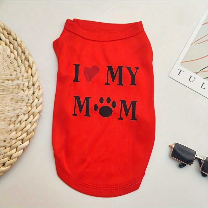 Pet T-Shirt Vest for Dogs and Cats with "I Love My Mom" Print, Made of Breathable Knitted Polyester for all Seasons, Available in Small to Large Sizes.