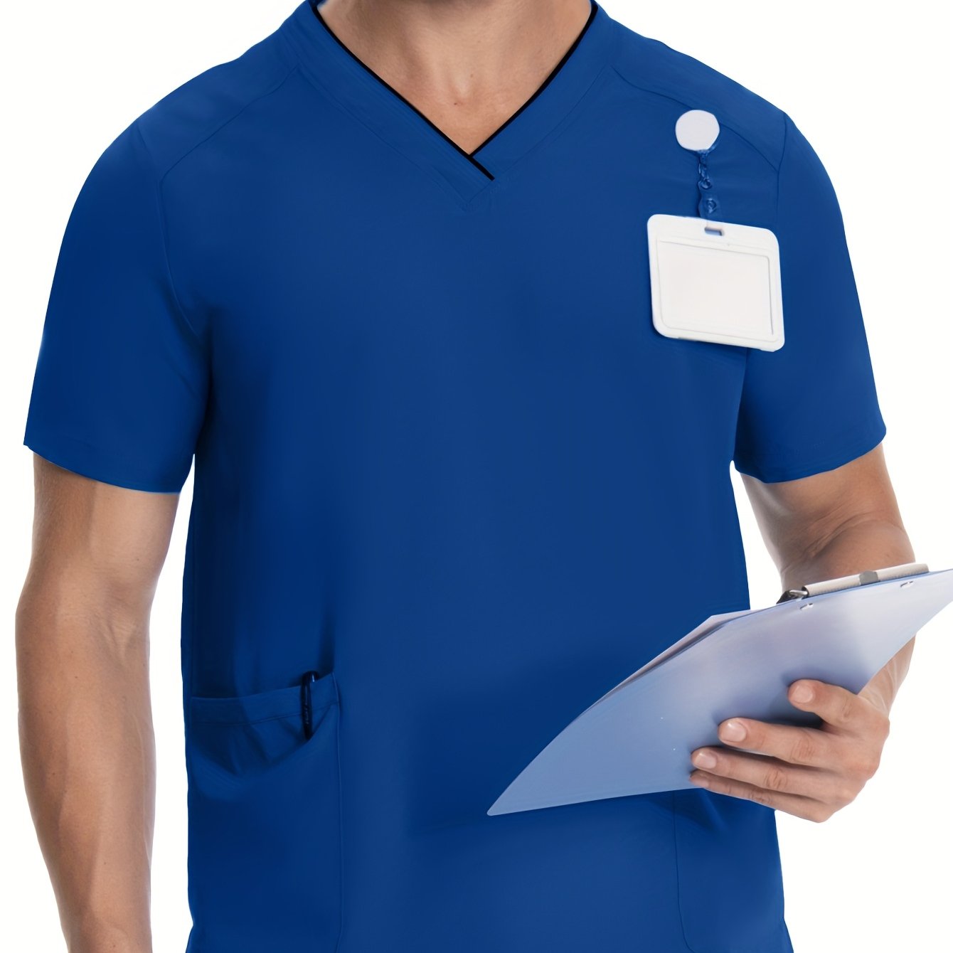 Men's Short Sleeve V-Neck Scrubs with Pockets, Polyester Lab Coat, Breathable with Slight Stretch, Regular Fit, Ideal for Pet Grooming and Medical Uniforms in Spring/Summer/Fall.