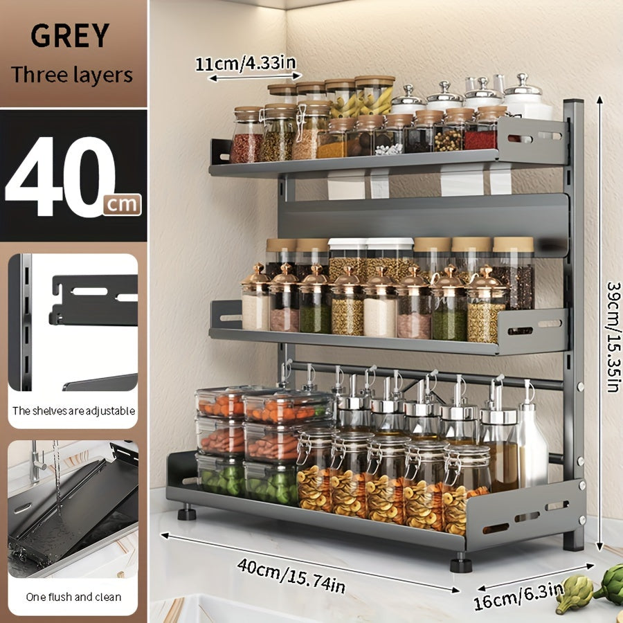 Adjustable Kitchen Storage Rack - Wall Mount with No-Drill Installation, Organize Seasonings and Utensils with Multi-Tier Modern Metal Design, Perfect for Spice Storage and Knife Placement.