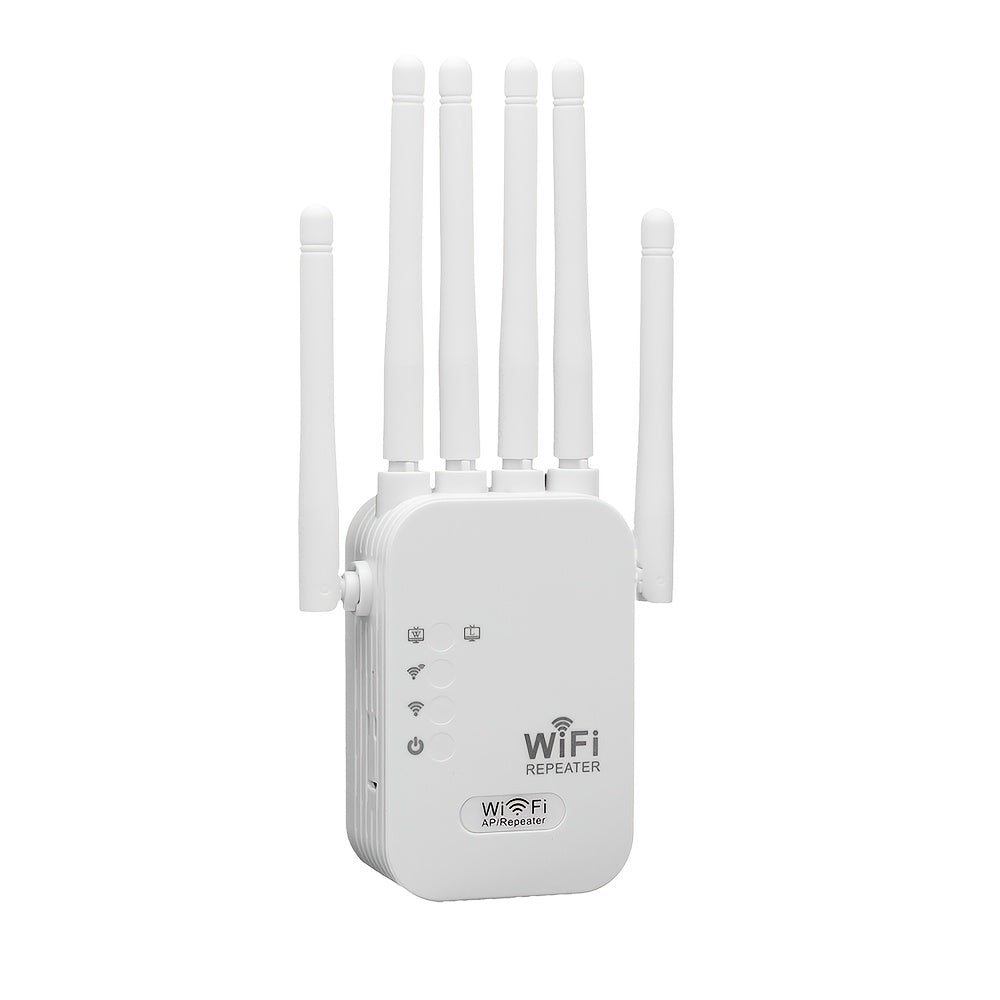 1 Momotor WiFi Extender boosts 2.4GHz signal with Ethernet port, power supply, European plug, non-waterproof design, and AP/Repeater modes for various settings.