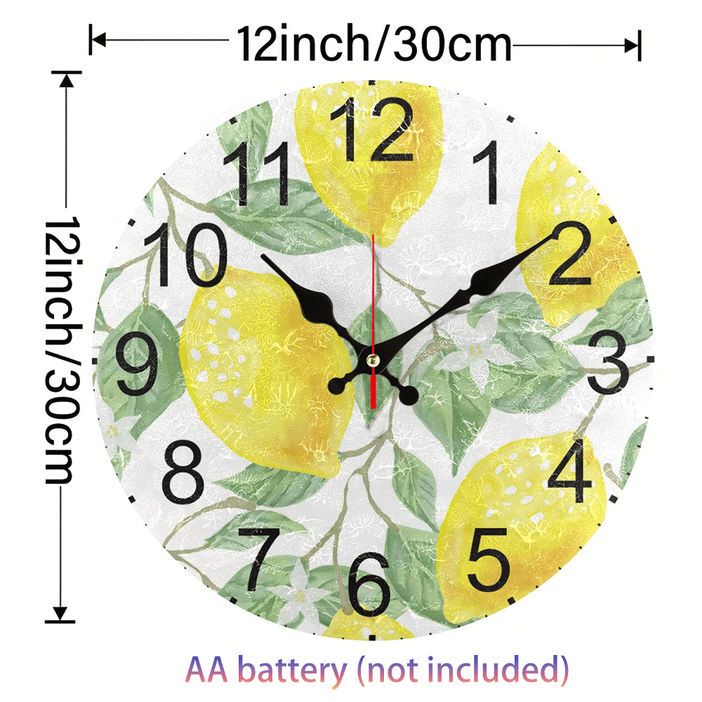 Fruit theme wall clock with golden lemon pattern design, silent non-ticking, AA battery operated. Ideal for living room and kitchen decor.