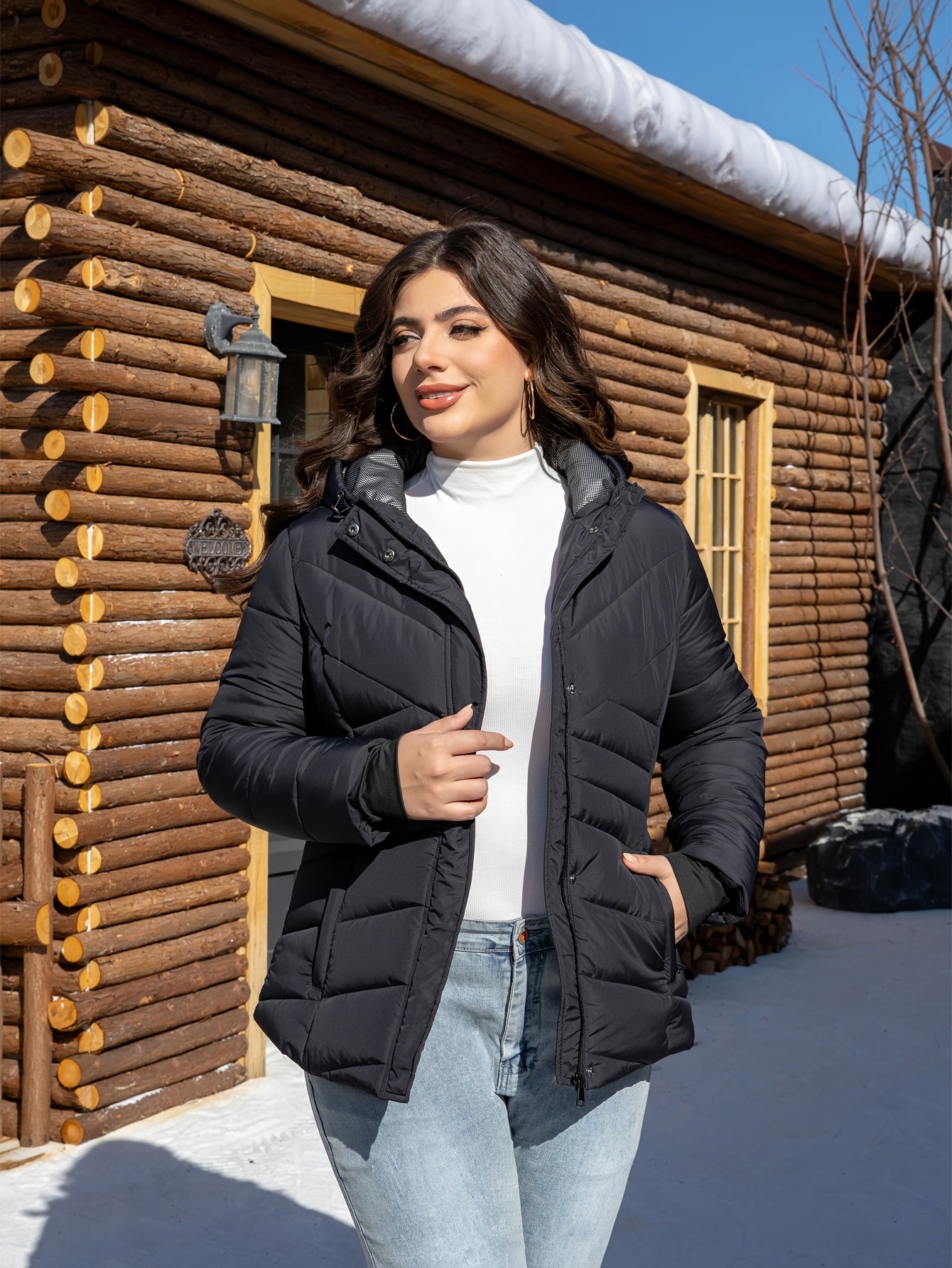 Plus size women's hooded jacket made of 100% polyester with solid color, perfect for fall/winter. Features pockets and windproof design.