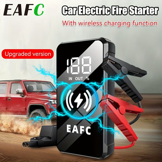 EAFC MultiFunction Portable Car Jump Starter for 6.0L Gasoline Car and 4.0L Diesel Car, with Wireless Charging, Rechargeable Lithium Battery, 10W Output Power, and USB Charging.