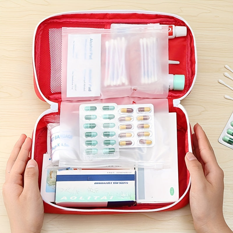 Portable first aid bag made of Oxford cloth with slogan graphic, positioning printing, and no edge paint for organizing medical supplies during travel emergencies.