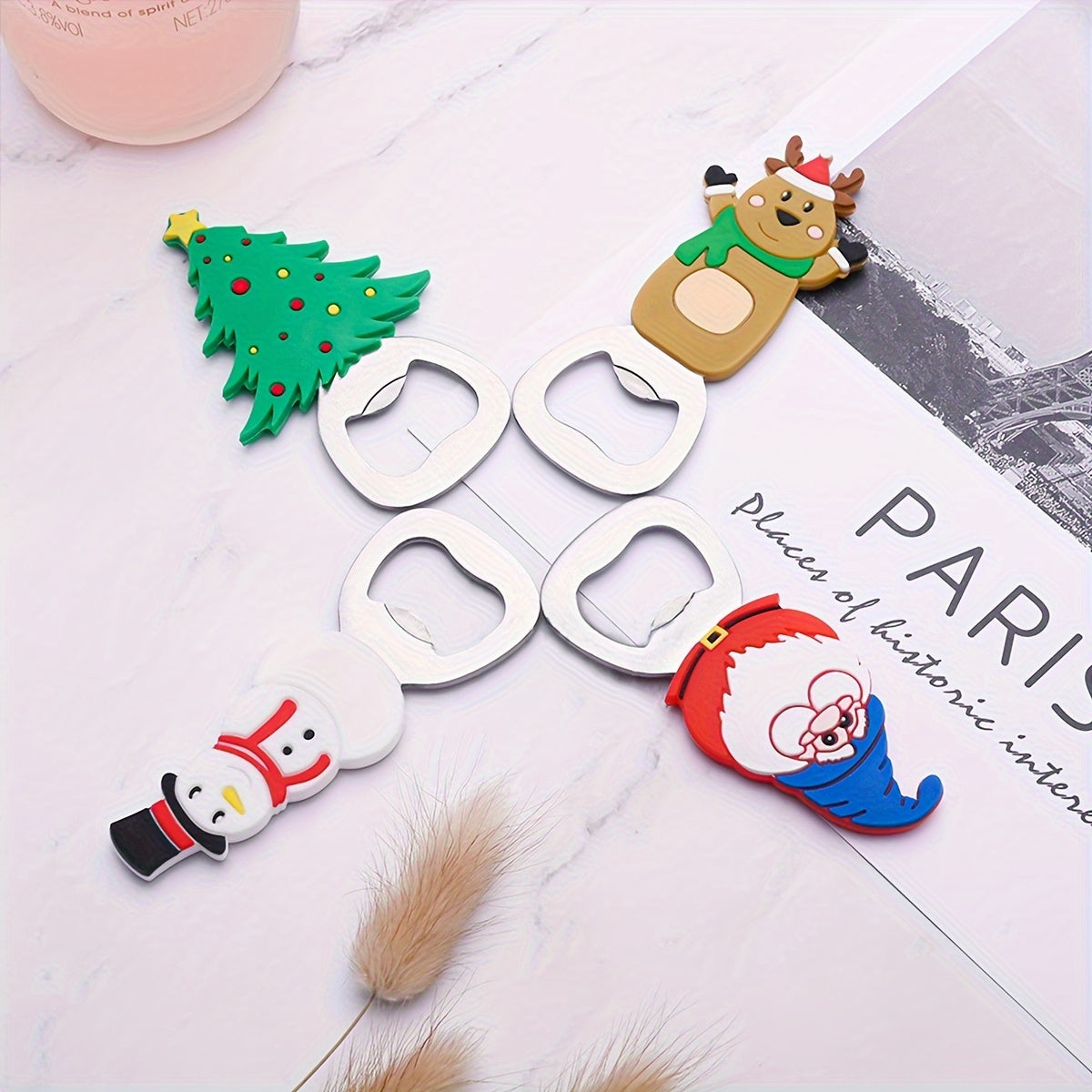 Festive stainless steel Christmas bottle openers in Santa, Reindeer, Tree, and Eagle designs for kitchen and party supplies.