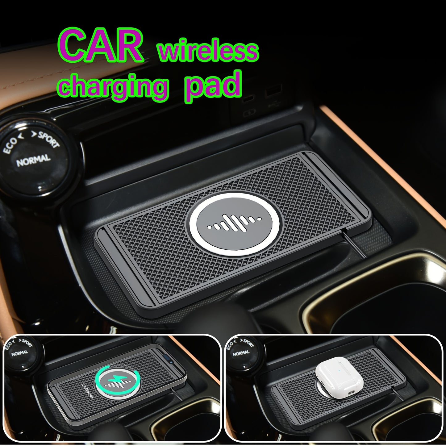 Rubber wireless car charger with 15w quick charging and anti-slip pad for mobile phones in car storage compartment.