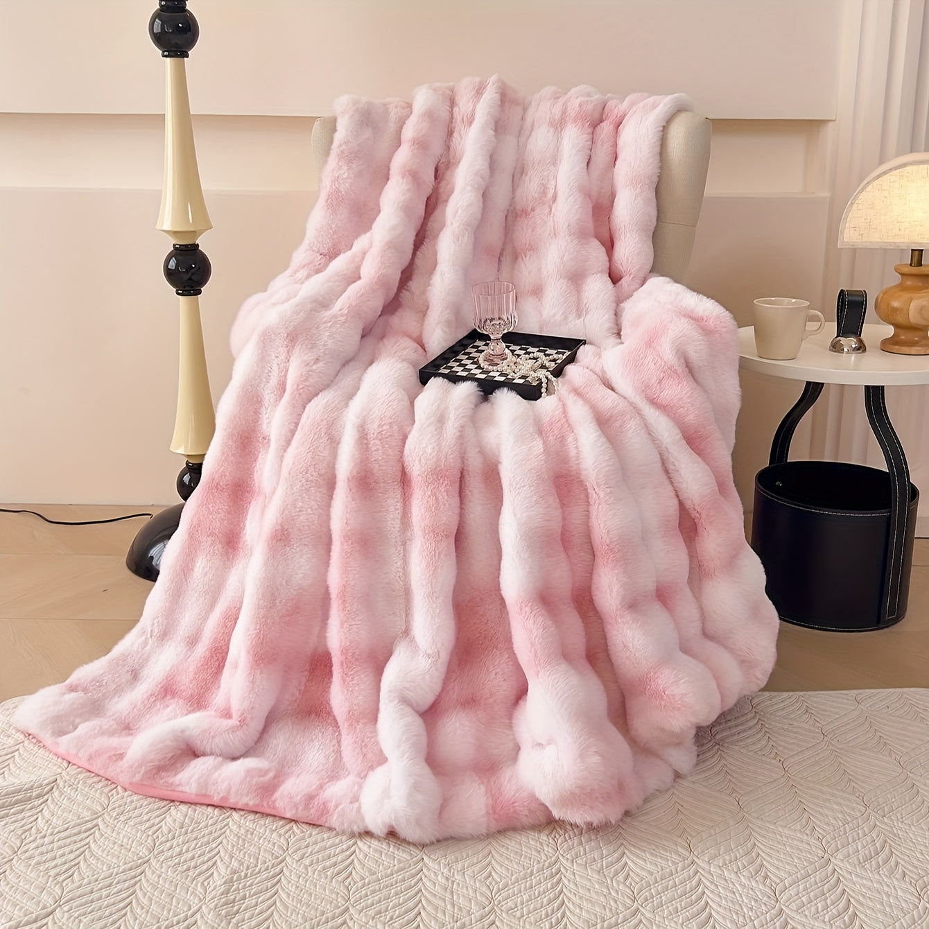 One piece of tie-dye faux rabbit fur blanket with shaggy short plush material for a soft, fluffy bed or sofa blanket, perfect for cozy naps and throws.