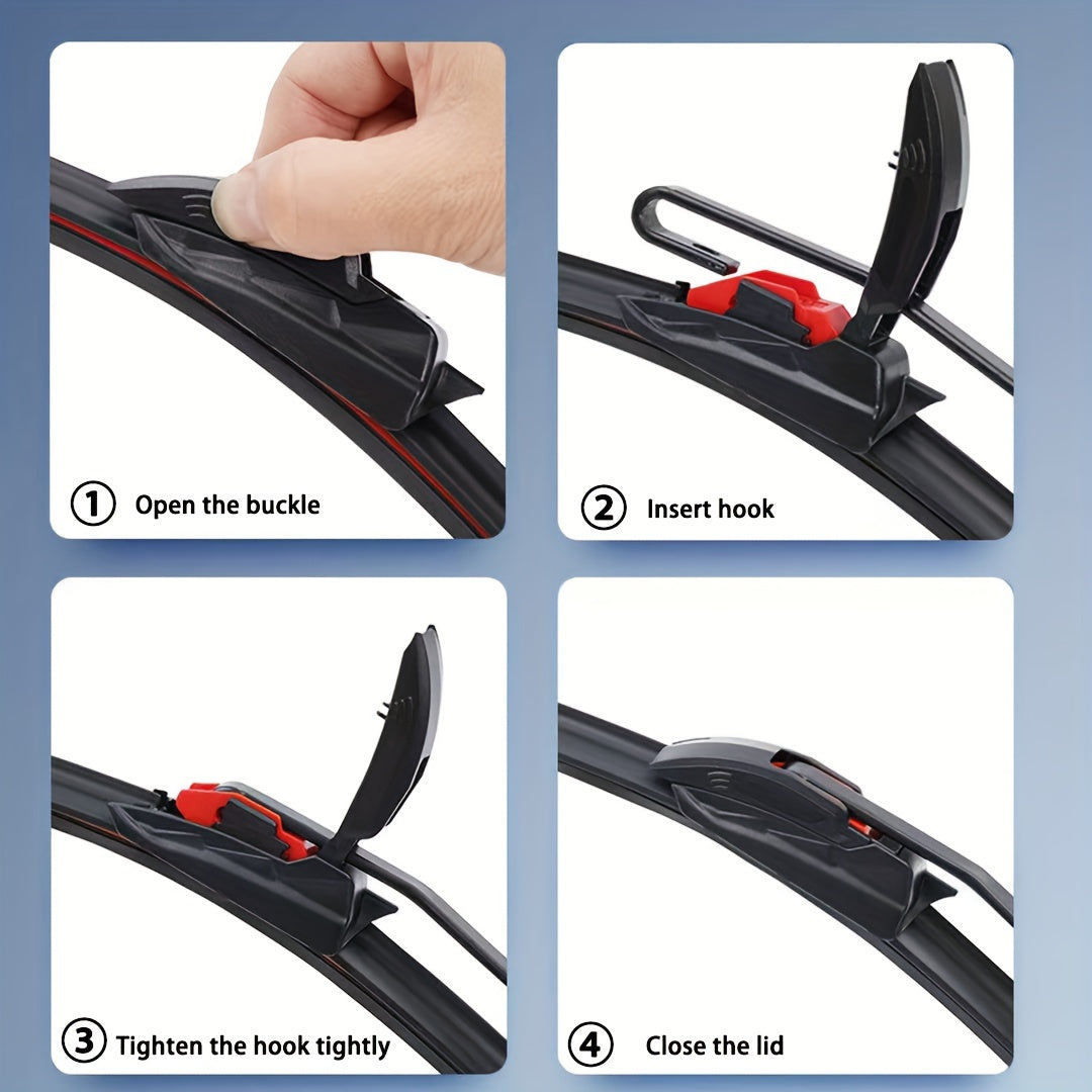 Universal fit 6-layer rubber blade wiper with J/U hook type, compatible with 99% of vehicle models, available in sizes 35.56-71.12cm.