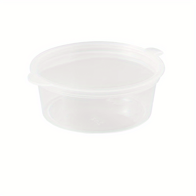 50 transparent disposable sauce boxes for takeout, packaging, and seasoning. These multipurpose food storage boxes come with covers.