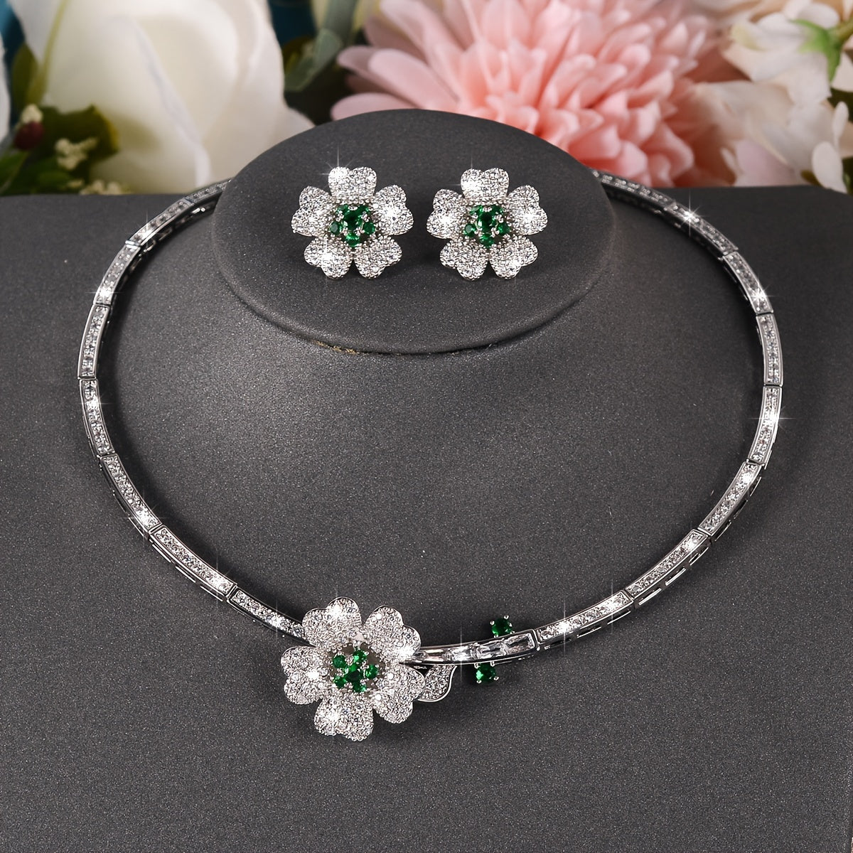 Beautiful Set of 925 Sterling Silver Floral Zirconia Earrings & Necklace - Perfect Fashion Accessories for Women to Wear Daily or Give as a Gift