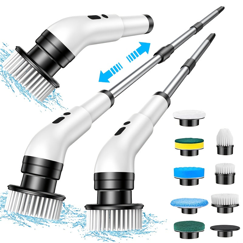 Introducing the versatile White Electric Cleaning Brush with USB Charging, Long Handle, and 2000mAh battery. Comes with 6-9 Replaceable Brush Heads for cleaning floors, walls, outdoor areas, and bathrooms.