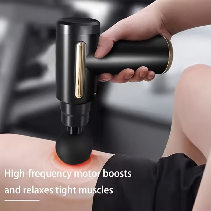 Compact and powerful black massage gun with 4 heads, high-intensity vibration, and rechargeable design - ideal for back and neck muscle relief. Great gift for parents.