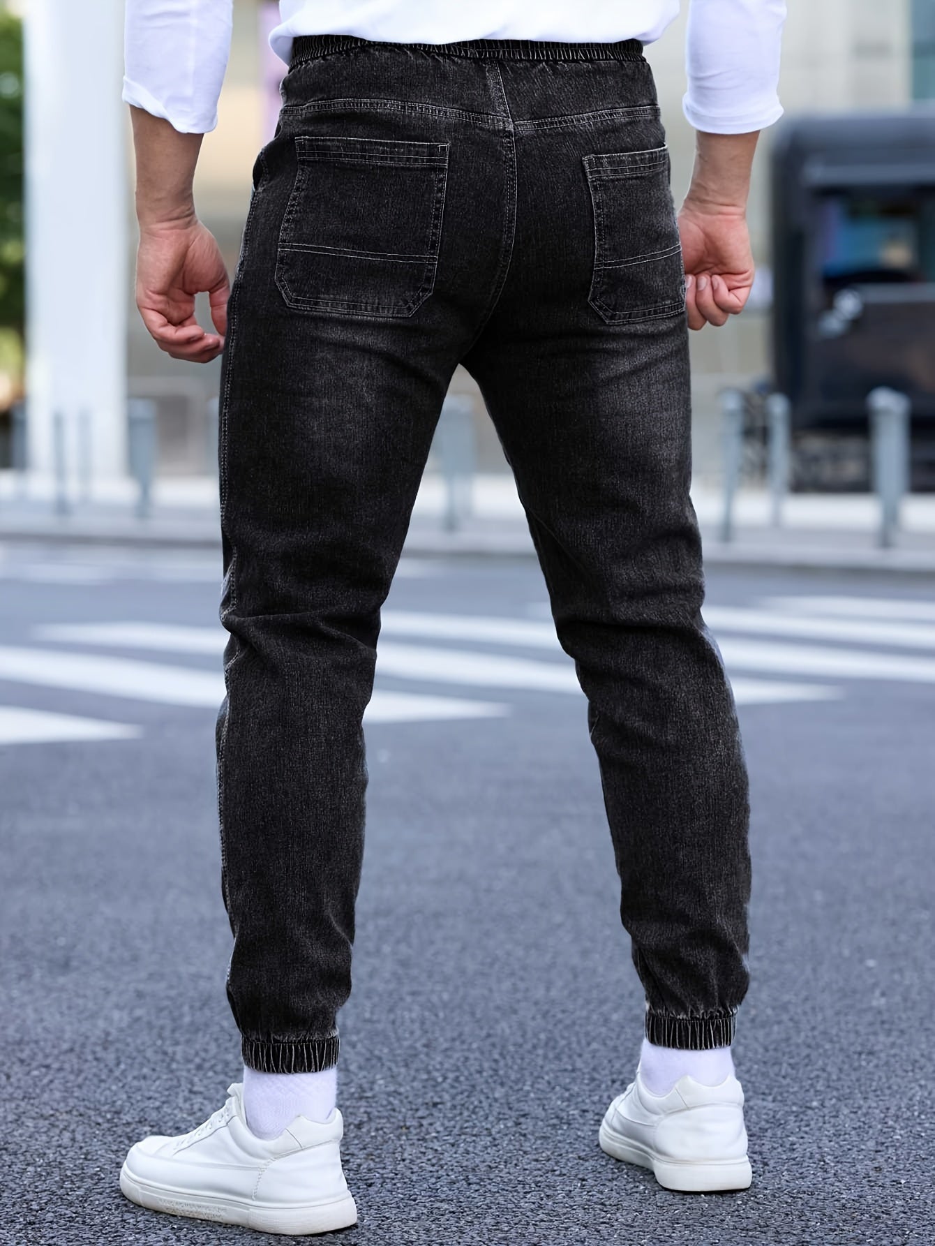 Men's denim cropped pants with pockets, drawstring waist, perfect for fall and winter outdoor activities.