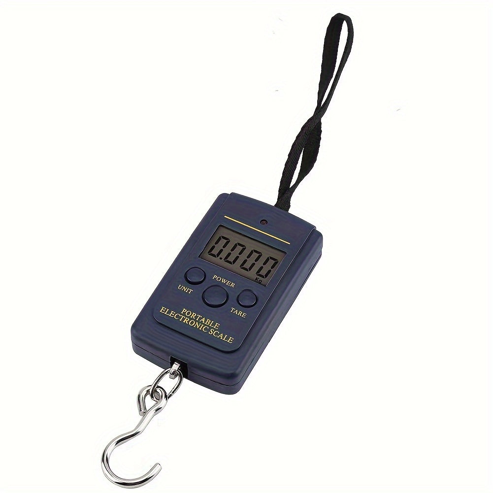 Lightweight portable luggage scale with hidden hook, high precision, battery operated, blue color. Package includes wet wipe and dry clean instructions.