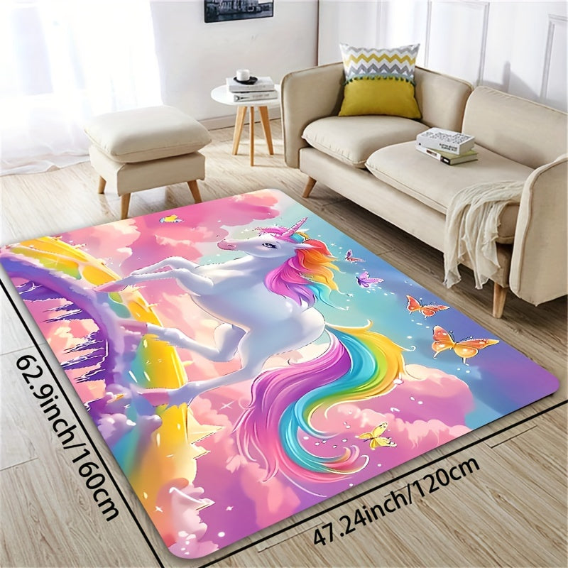 Add a touch of whimsy to your space with the Whimsy Woods Unicorn Area Mat. Made from durable 8mm thick polyester, this cartoon fantasy horse mat is perfect for the bedroom, living room, or entryway. It is machine washable and features a cute unicorn