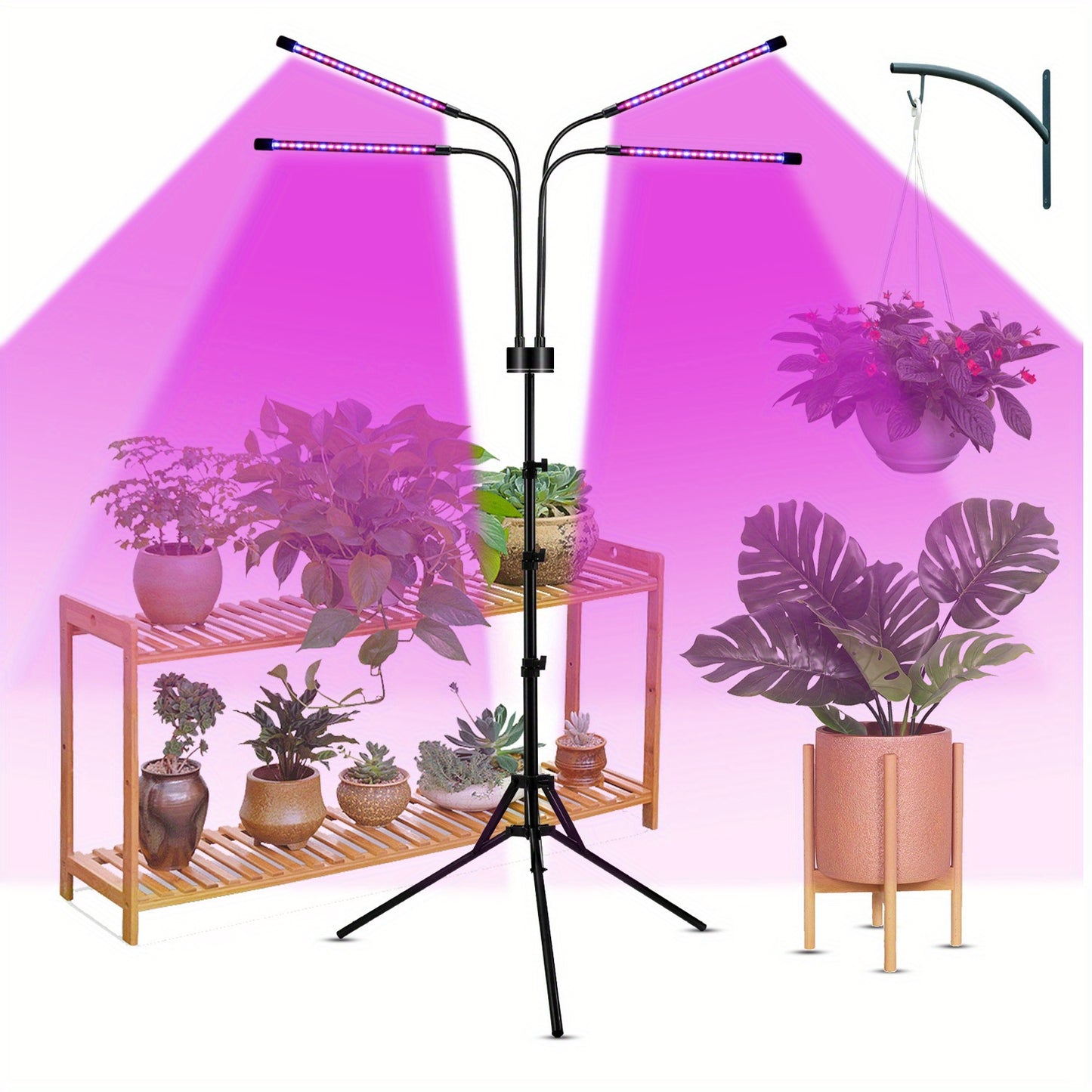 USB-powered full spectrum LED grow light for indoor plants with adjustable brightness and button control. Perfect for greenhouses and home gardening. Pink light spectrum, 5V USB powered