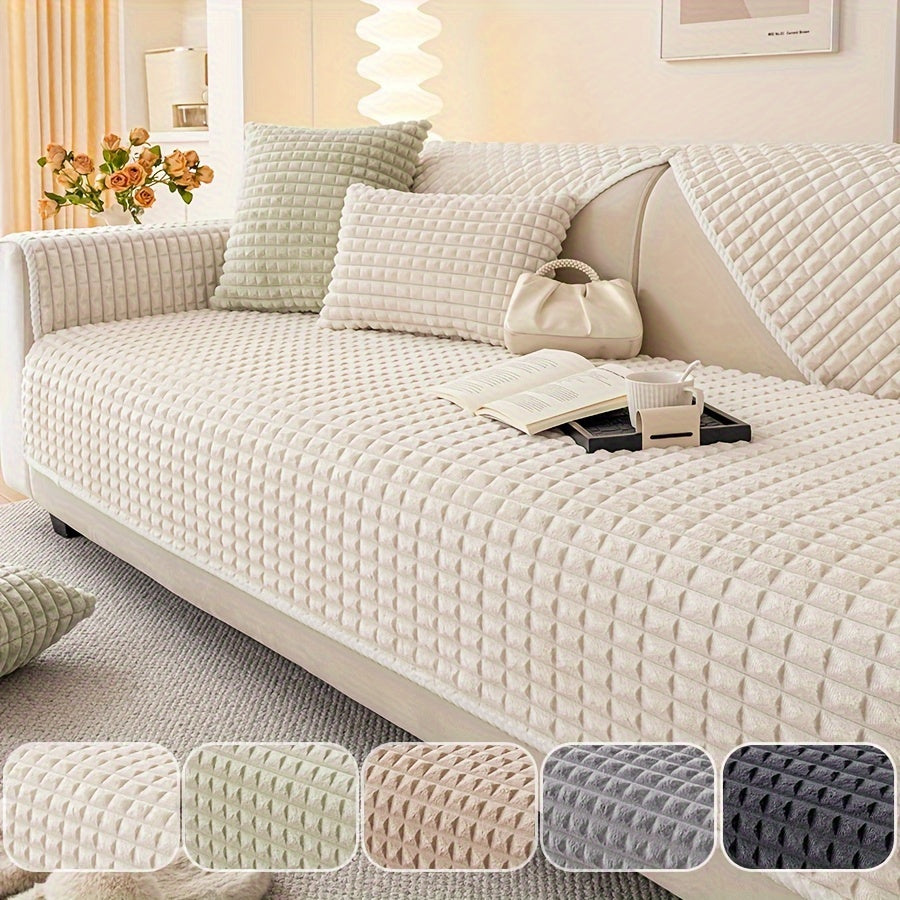 Plaid plush sofa cover with non-slip design, perfect for pets and all seasons. Suitable for various types of furniture.