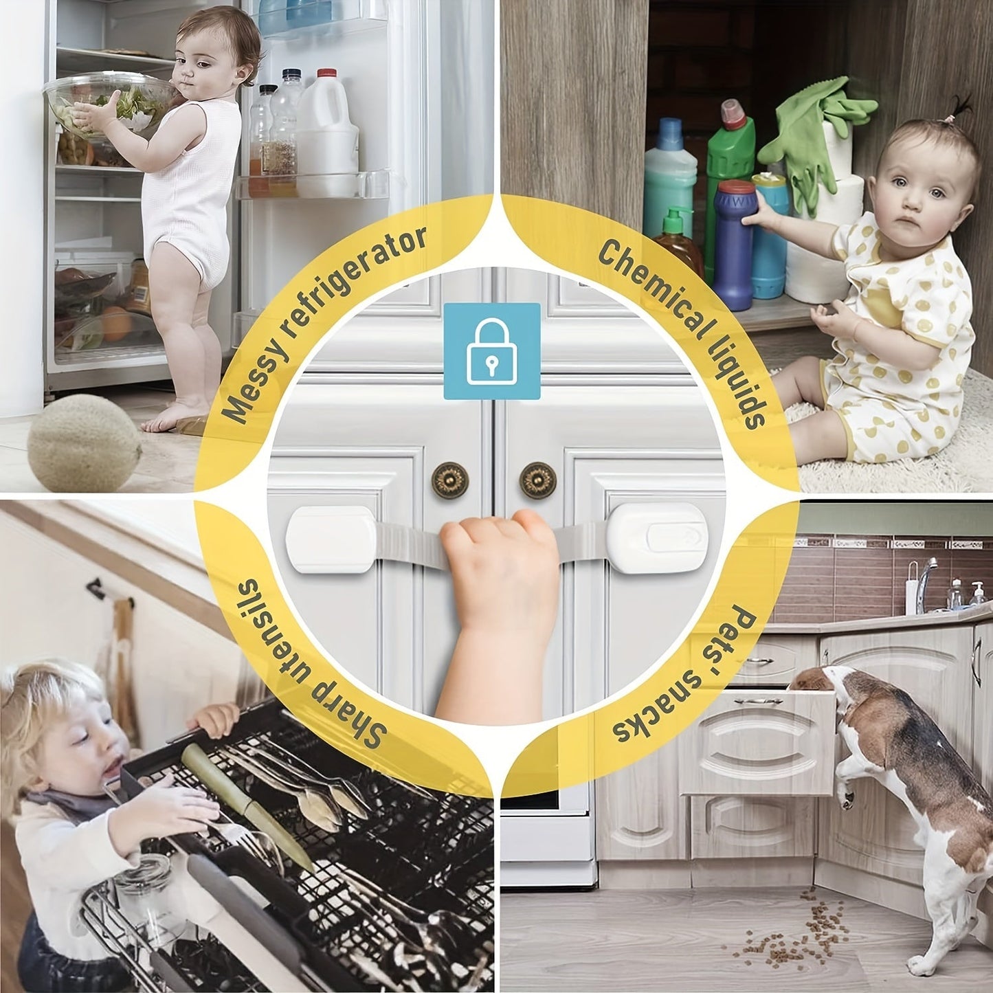 Set of 4 Easy-to-Install Child Safety Locks - Adjustable Cabinet & Drawer Latches for Childproofing, No Drilling Required, Made of Lead-Free White Plastic