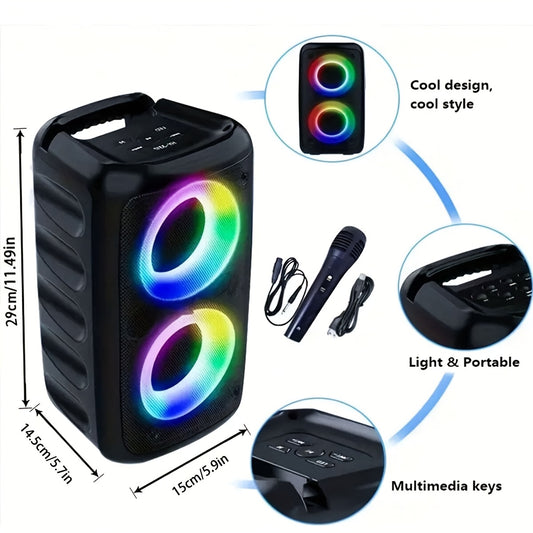 Portable wireless speaker with microphone, LED lights, 2400mAh lithium battery, ideal for home parties and outdoor camping.