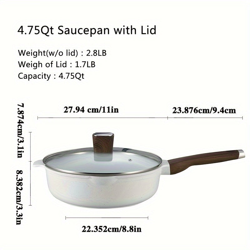 Nonstick Cookware Set includes 10 pieces of aluminum kitchen pots and pans, as well as a frying pan, casserole, saucepan, lids, and utensils. This set is compatible with all stovetops.