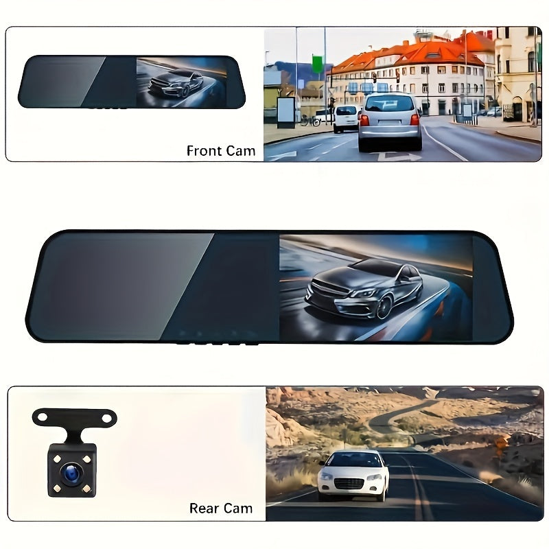 On-dash dual dash cam with 1080p HD front and back cameras, 5-inch display, suction mount, push button control, universal compatibility, 12V power, 30 FPS, cycle recording, and rechargeable