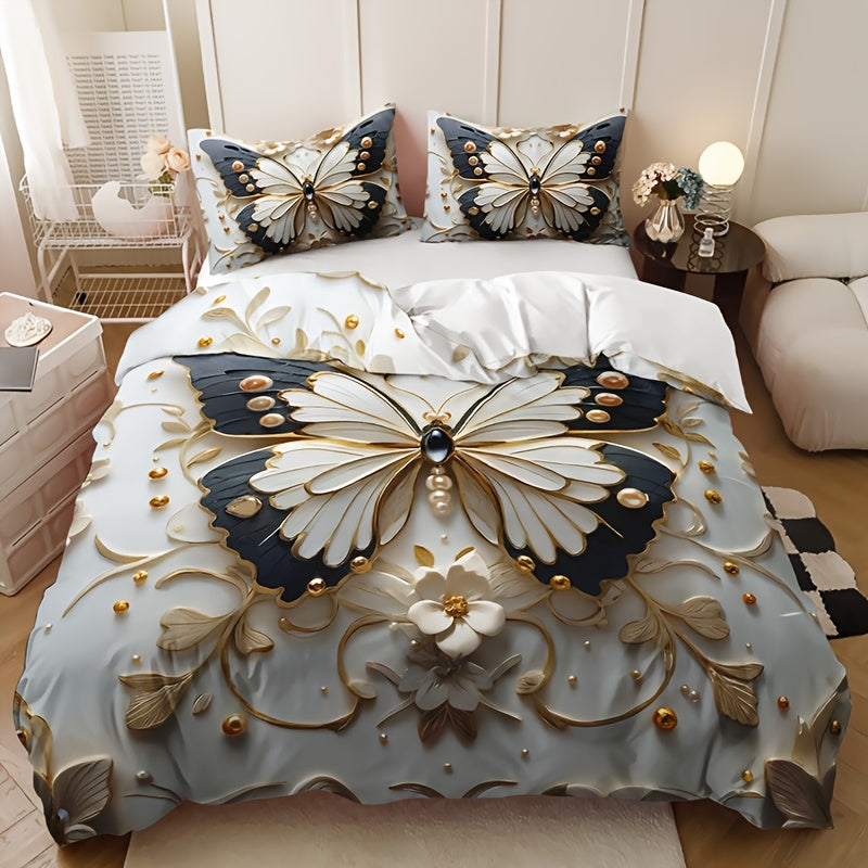 Butterfly floral duvet cover set with animal print, insect theme, and breathable polyester. Includes 1 duvet cover and 2 pillowcases. All-season and machine washable. Digital print