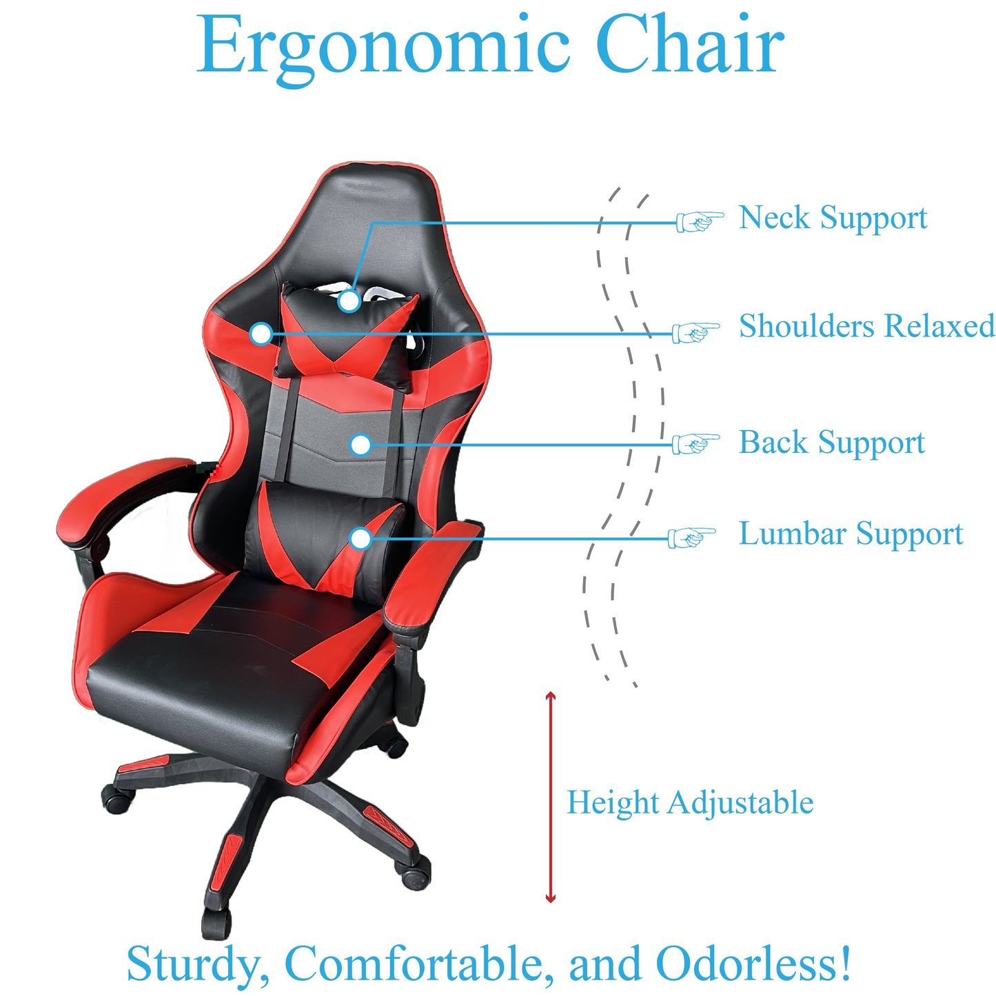 Ergonomic gaming chair with headrest and lumbar support, adjustable height and back tilt, 360° swivel, iron frame and sponge filling, plastic material with casters, handle-operated