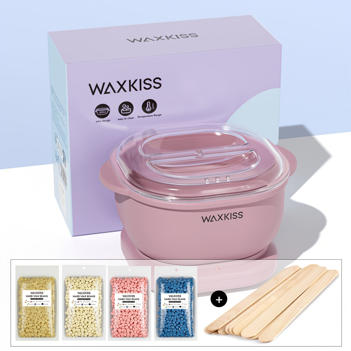 WAXKISS Mini Folding Silicone Wax Pot Heater, includes 1 Wax Machine, 4pcs Hard Wax, 10 Waxing Wooden Sticks, suitable for salon and home waxing.