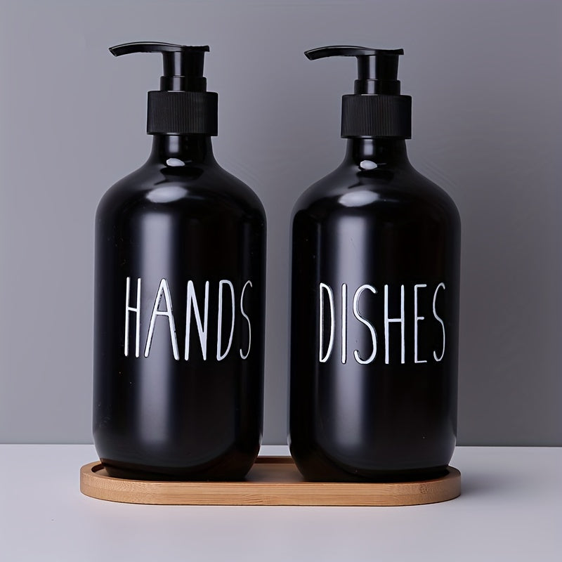 Set of 2 plastic soap dispensers for dish and hand soap, with refillable empty bottles for home decor and bathroom accessories.