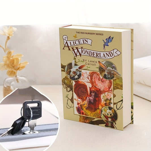 Book-shaped safe box inspired by Lewis Carroll's Alice in Wonderland for storing valuables, with realistic paper design. Ideal for organizing coins, watches, jewelry, passports, and letters