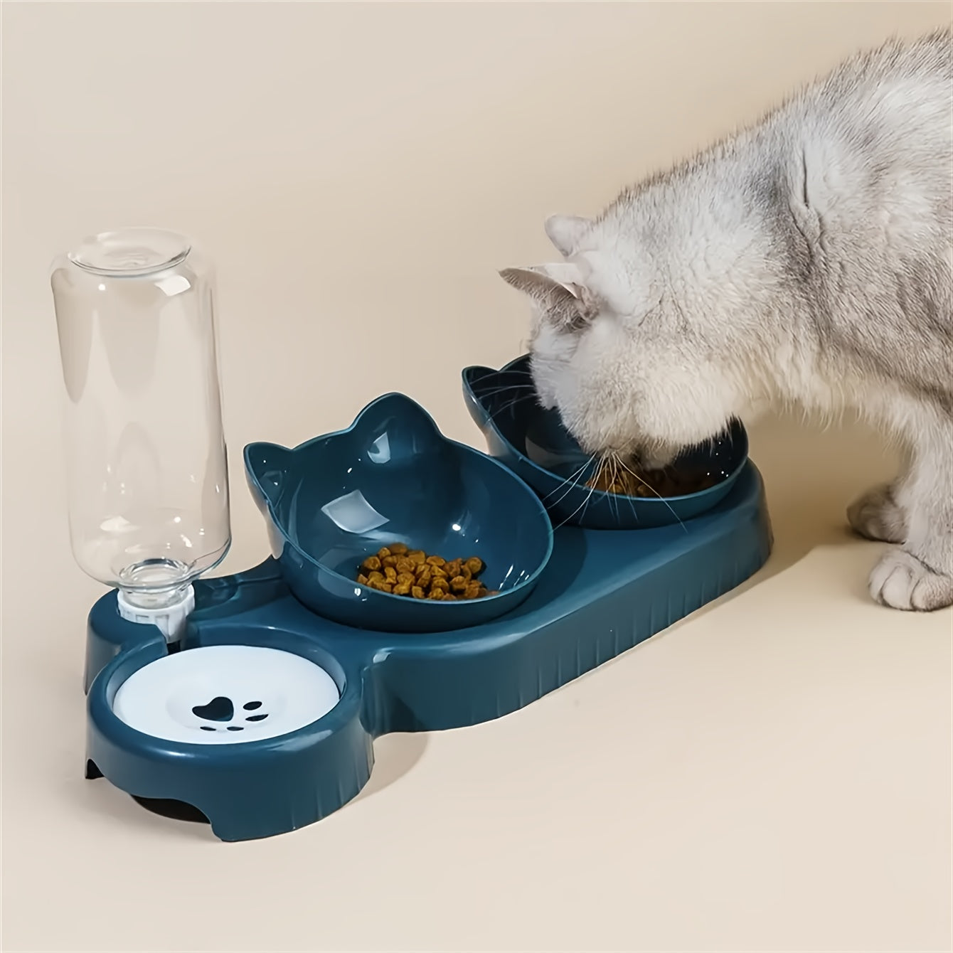 Double feeder cat bowls with automatic water dispenser and paw print design.