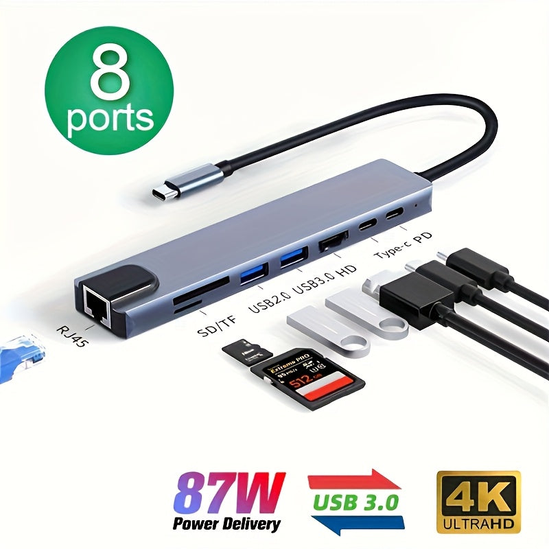 Compact & portable USB C hub with 8-in-1 features including 87W power delivery, Ethernet port, USB 3.0, SD/TF card reader, 4K Ultra HD support. Ideal for use with mouse, keyboard, USB disk