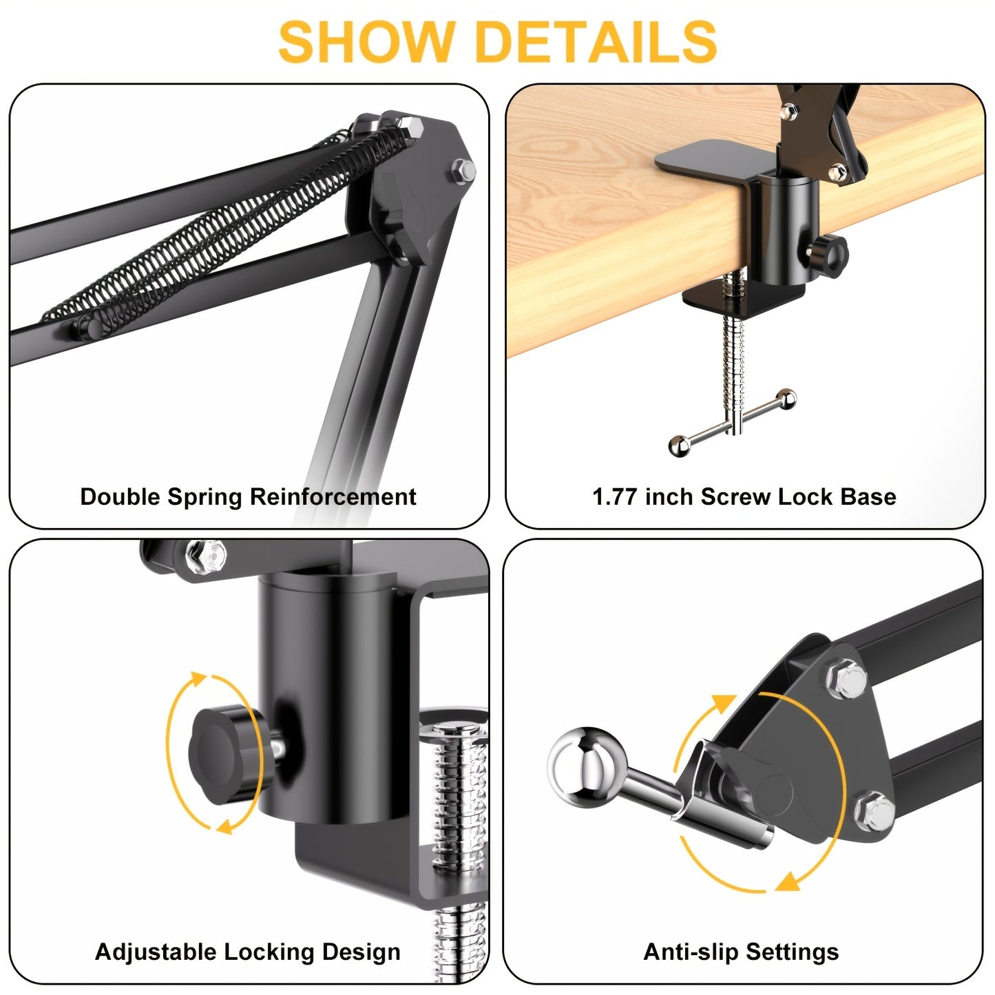 Adjustable cell phone and tablet stand with rotating holder for desk or other surfaces. Ideal for broadcasting, cooking, or watching videos in any room.