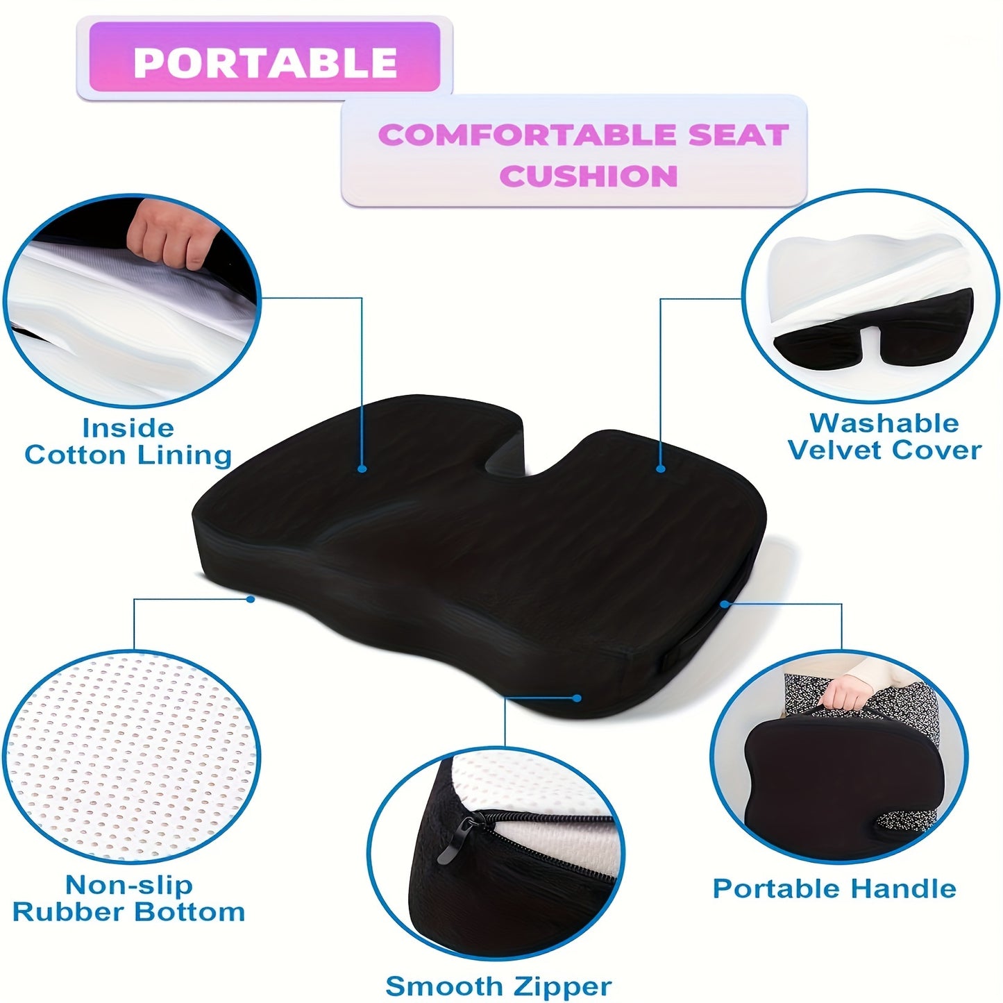 Memory Seat Cushion for Office Chair, Car, and Travel to relieve back and coccyx pain during long periods of sitting.