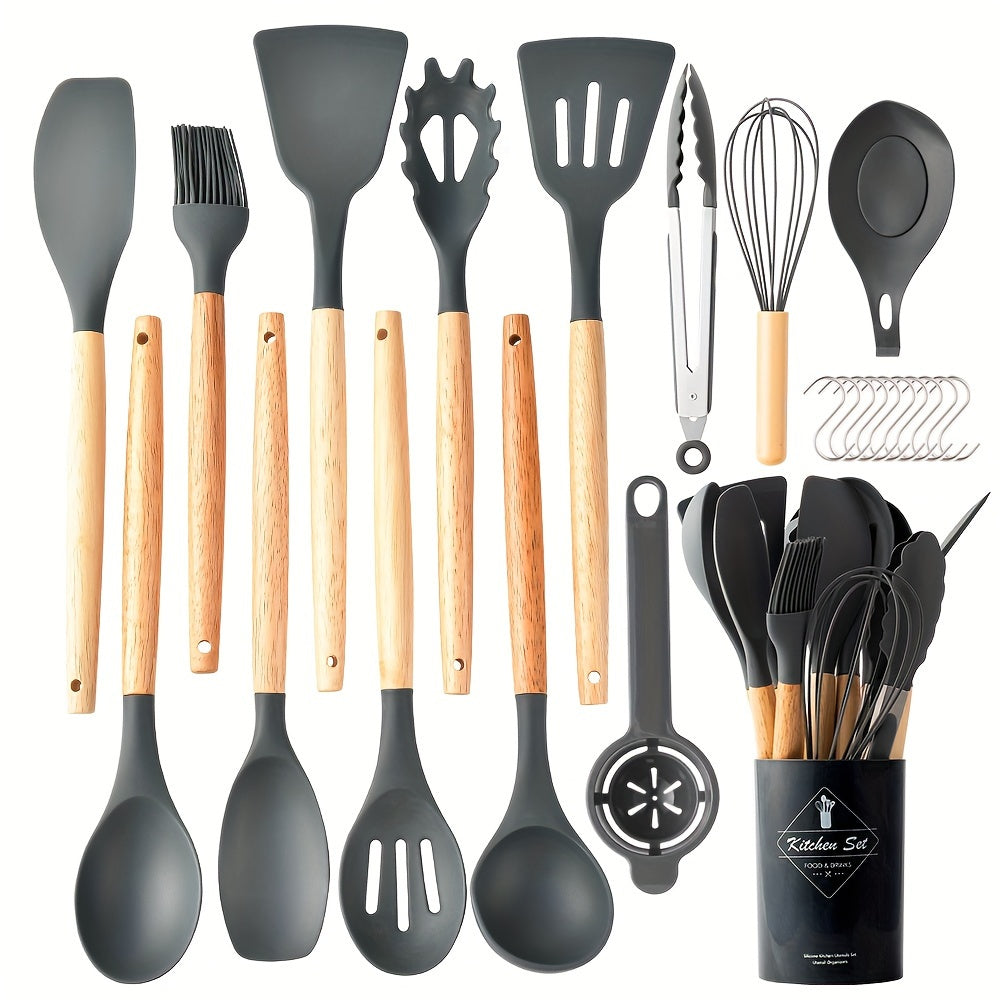 Silicone Kitchen Utensil Set with Wooden Handles - 24 Piece Set for Cooking and Baking