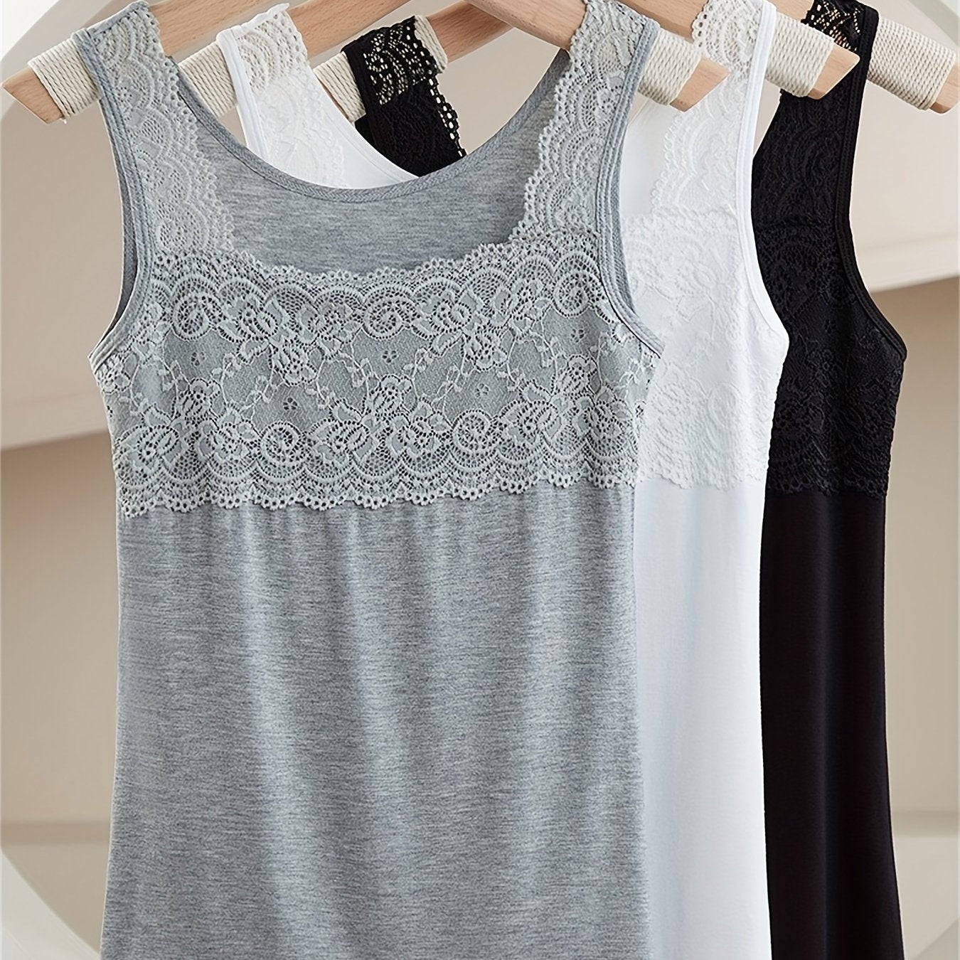 3 Simple Solid Contrast Lace Tank Tops, All-match Women's Vest Tops, Lingerie & Underwear for Women