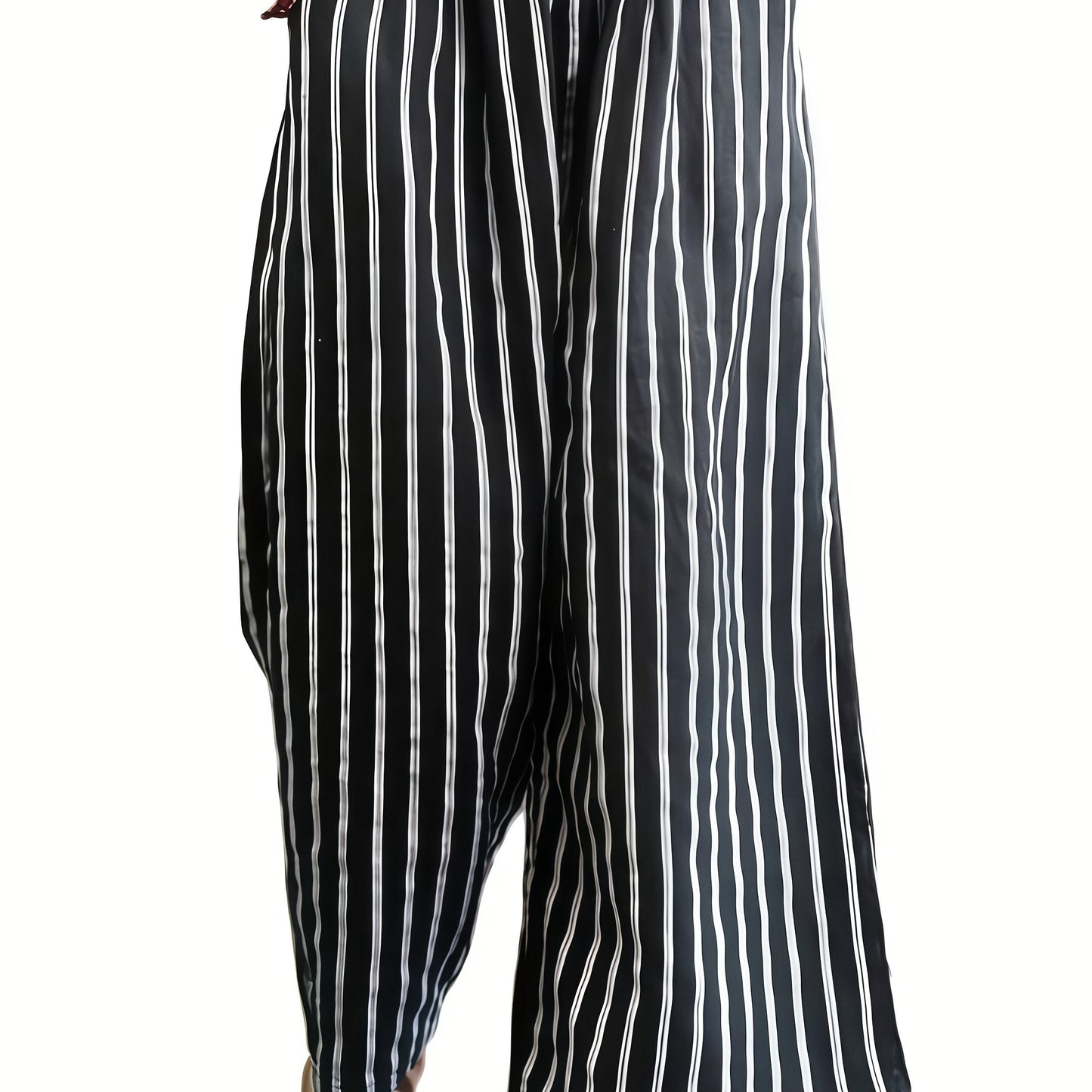 Casual striped wide-leg pants for women with elastic waistband; high-waisted and flowy polyester trousers; machine washable; ideal for spring/summer/fall.