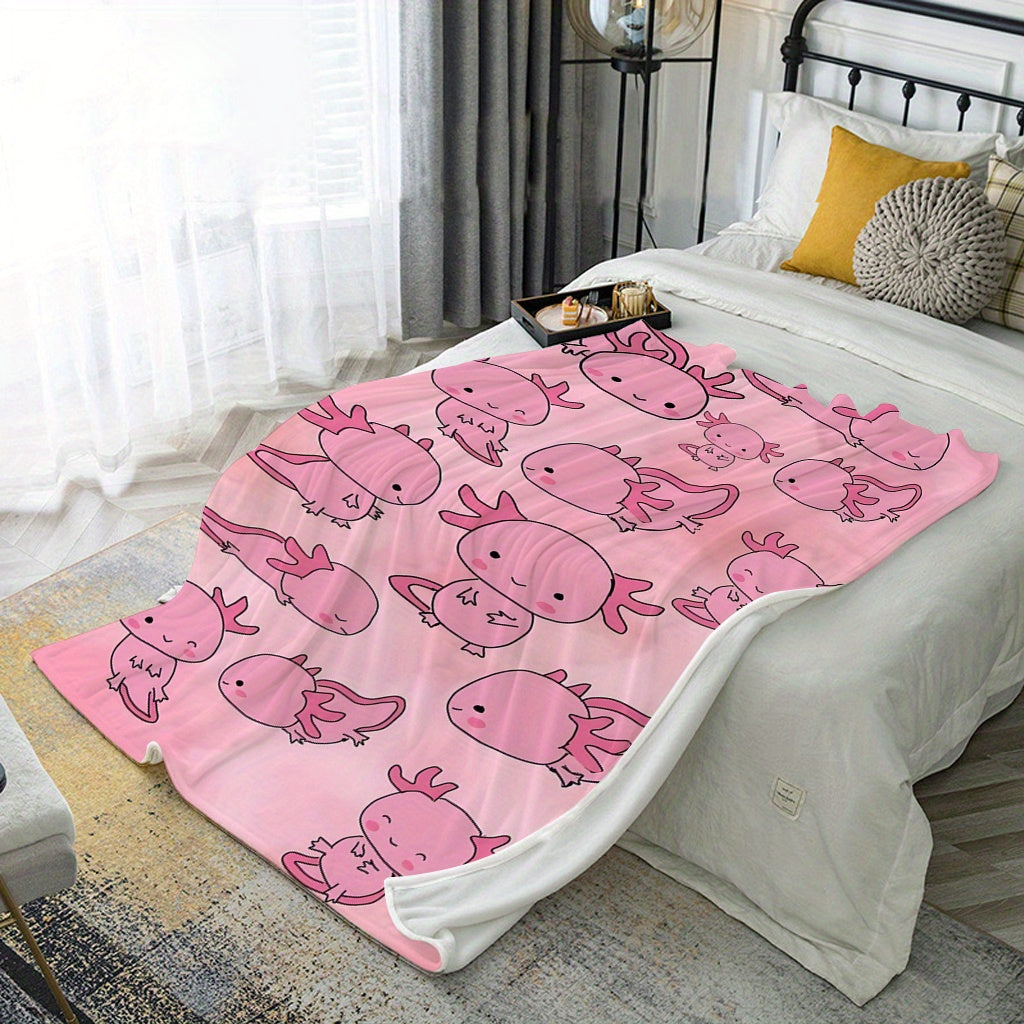 Soft, warm, and lightweight pink cartoon salamander print fleece blanket made of comfortable polyester flannel. Ideal for travel and versatile for all seasons, this contemporary style blanket is the perfect gift for boys, girls, and adults. Machine