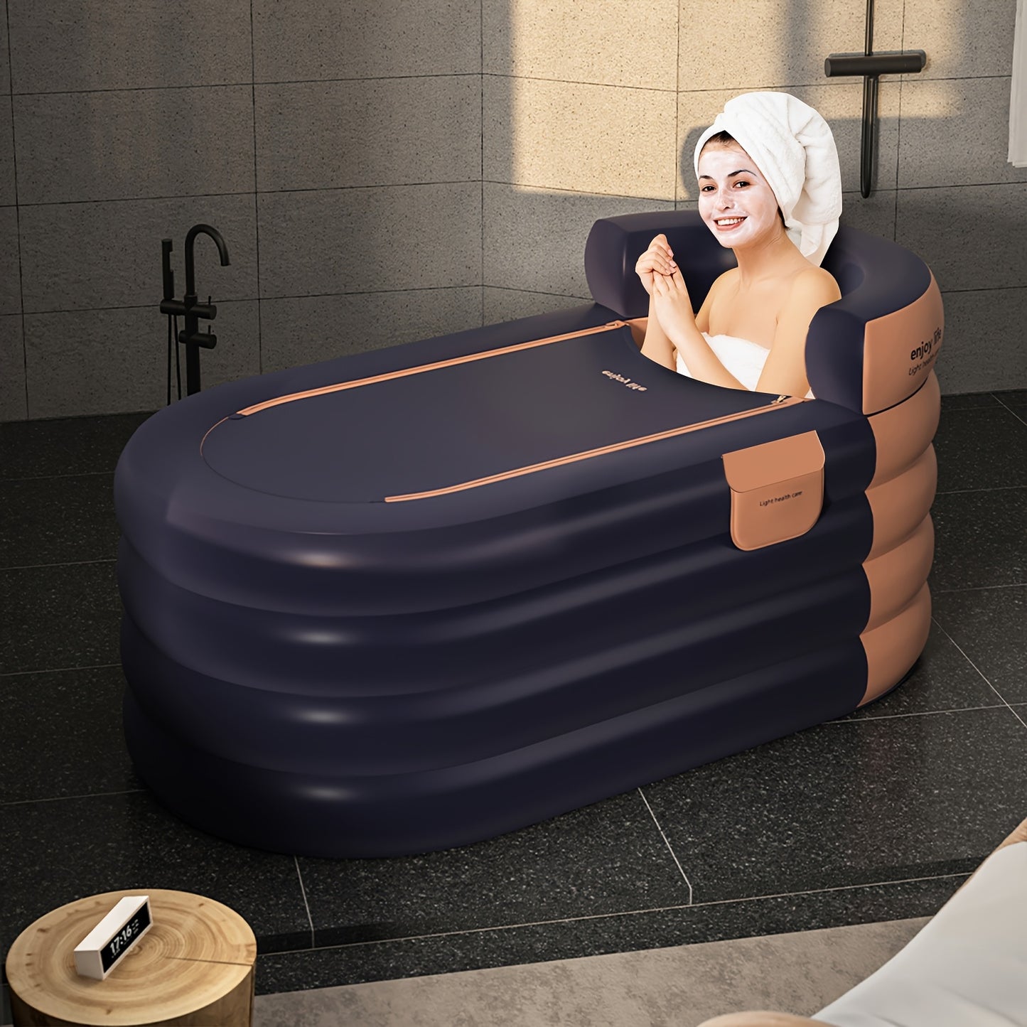 Portable and foldable spa bathtub with thick, easy-inflate and drain design for indoor/outdoor use.