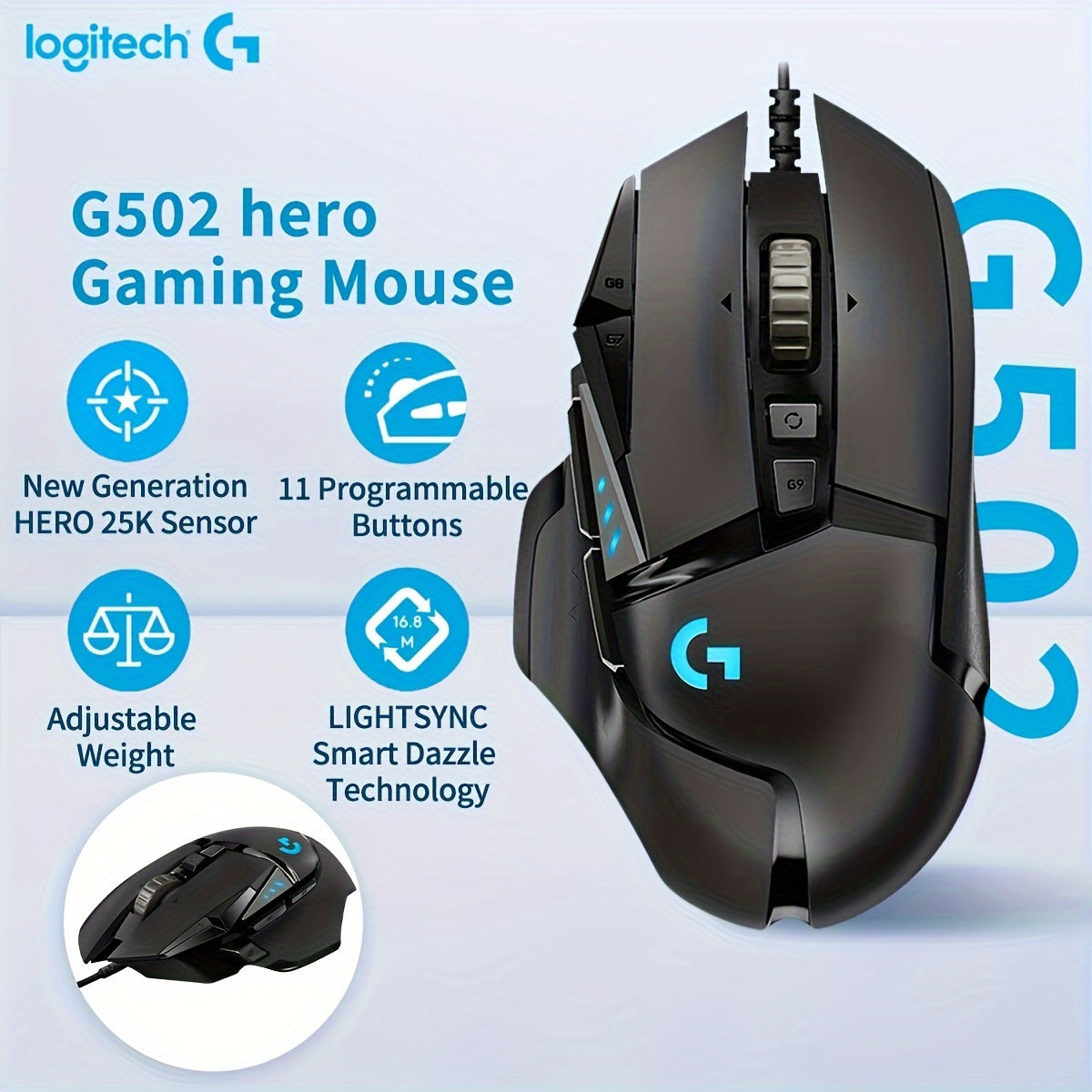 Logitech Hero Wired Gaming Mouse: Optical tracking, right-handed design, and 11 programmable buttons for PC gamers.