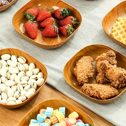 8-piece set of durable and easy-to-clean plastic serving plates with Japanese wood grain design, perfect for serving snacks, fruit, candy, and desserts.