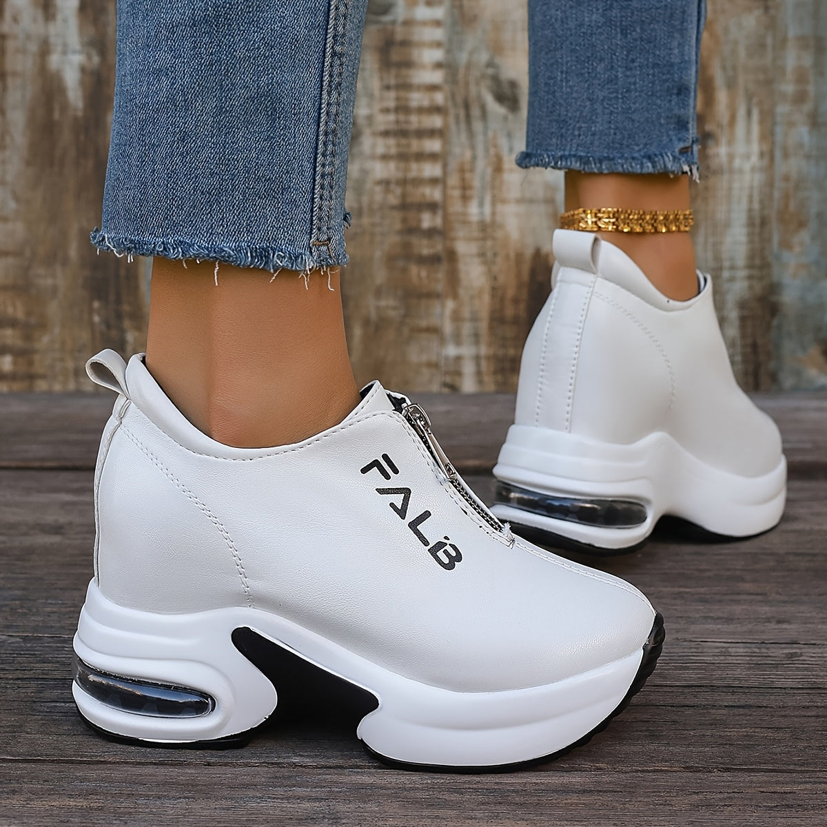 1 Pair Women's Fashion Sneakers with Air Cushion, Zipper Closure, Solid Color, Low Top, and Rubber Sole.