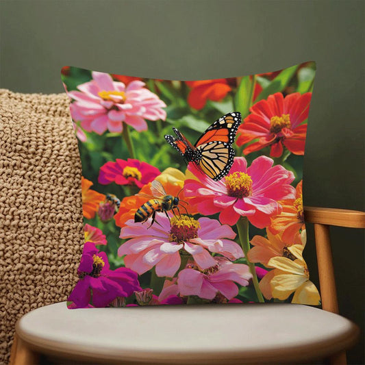 Vintage Zinnia Flower and Butterfly Bee Throw Pillow Cover - Cartoon Theme - Polyester - Machine Washable - Zipper Closure - Pillow Insert Not Included - Multi-Position Sleeper - All-Season Sofa and Living Room Decor