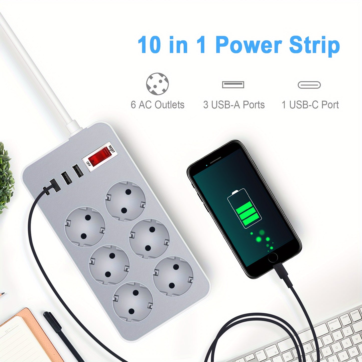 10-in-1 kuchlanish himoyasi uchun kuch ta'minoti, 6 ta AC chiqishi, 3 ta USB-A porti, 1 ta USB-C porti, On/Off kaliti - Yevropa standartidagi ulagich bilan o'rnatilishi mumkin bo'lgan kuch ta'minoti