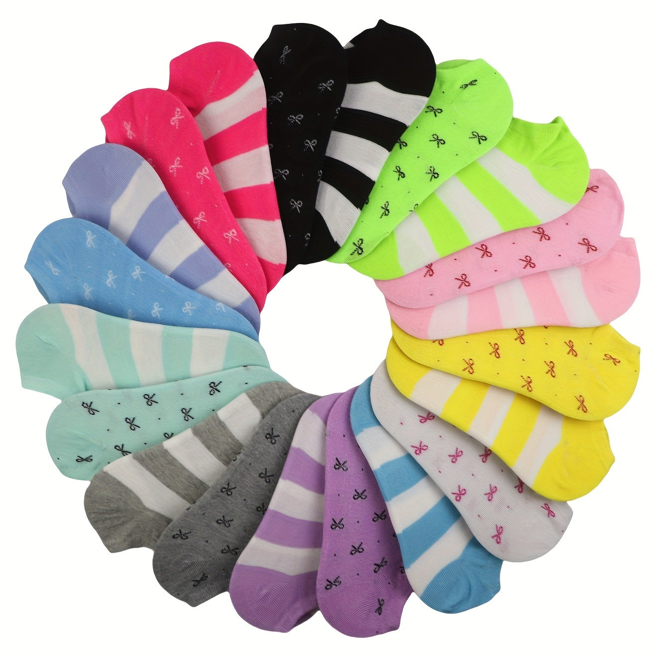 20 pairs of candy-colored, lightweight, and breathable low cut ankle socks for women.