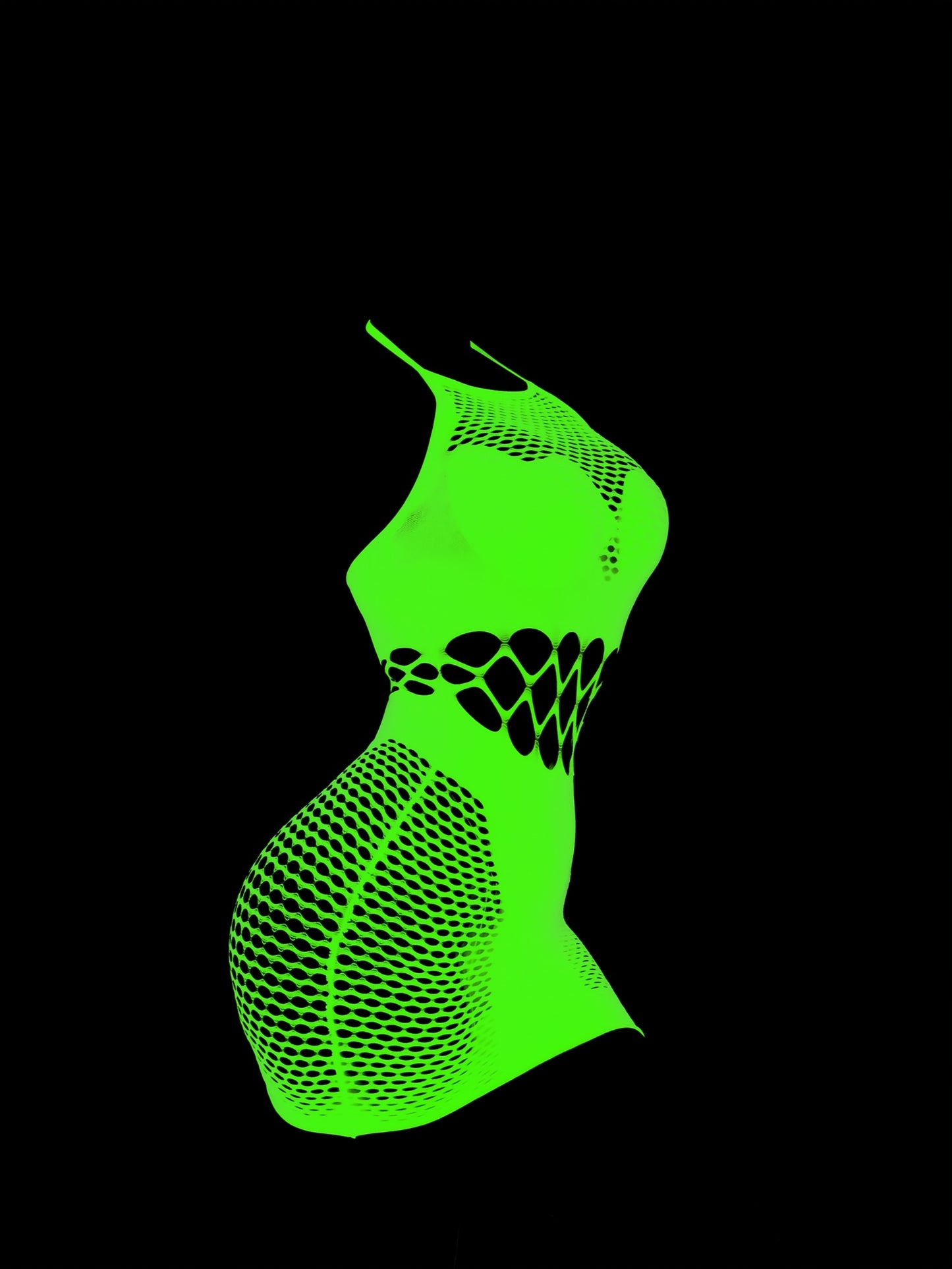 Plus-size glow-in-the-dark lace fishnet dress lingerie with see-through halter design.