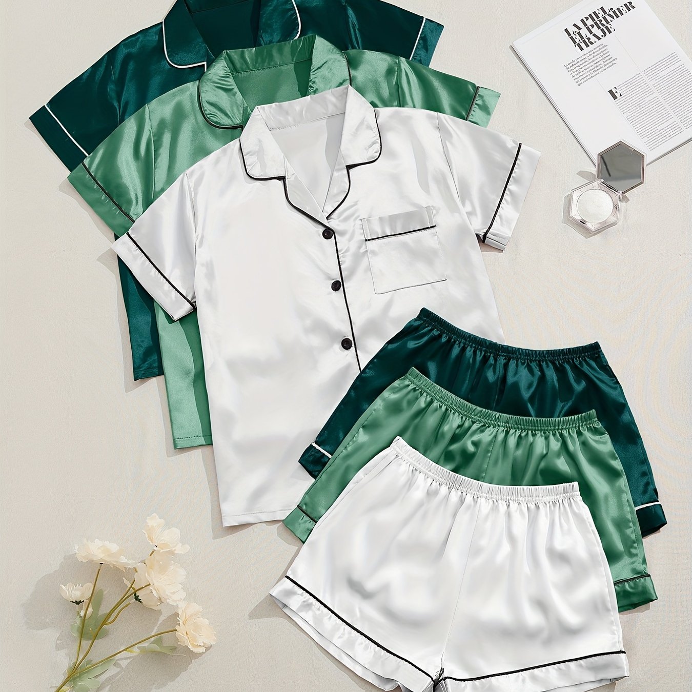 Women's Satin Pajama Set includes short-sleeve top and elastic waistband shorts for sleepwear and loungewear.