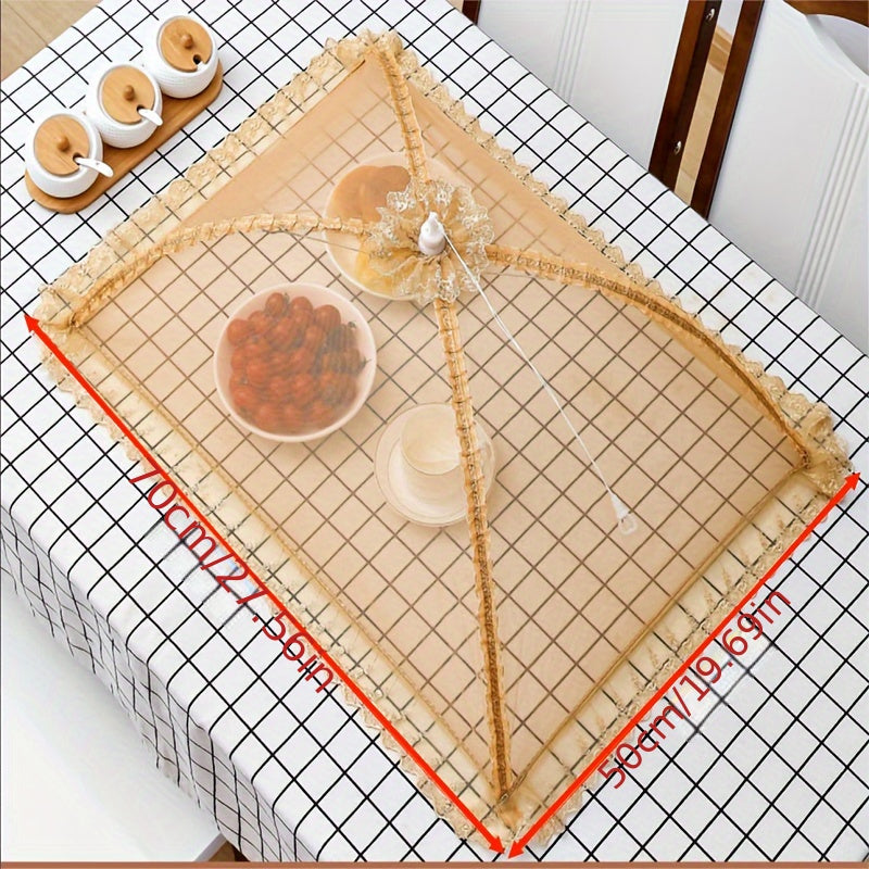 Foldable dish cover for fly-proof protection of food indoors and outdoors. Great for home kitchens, outdoor parties, picnics, and barbecues. Suitable for covering vegetables and leftovers.