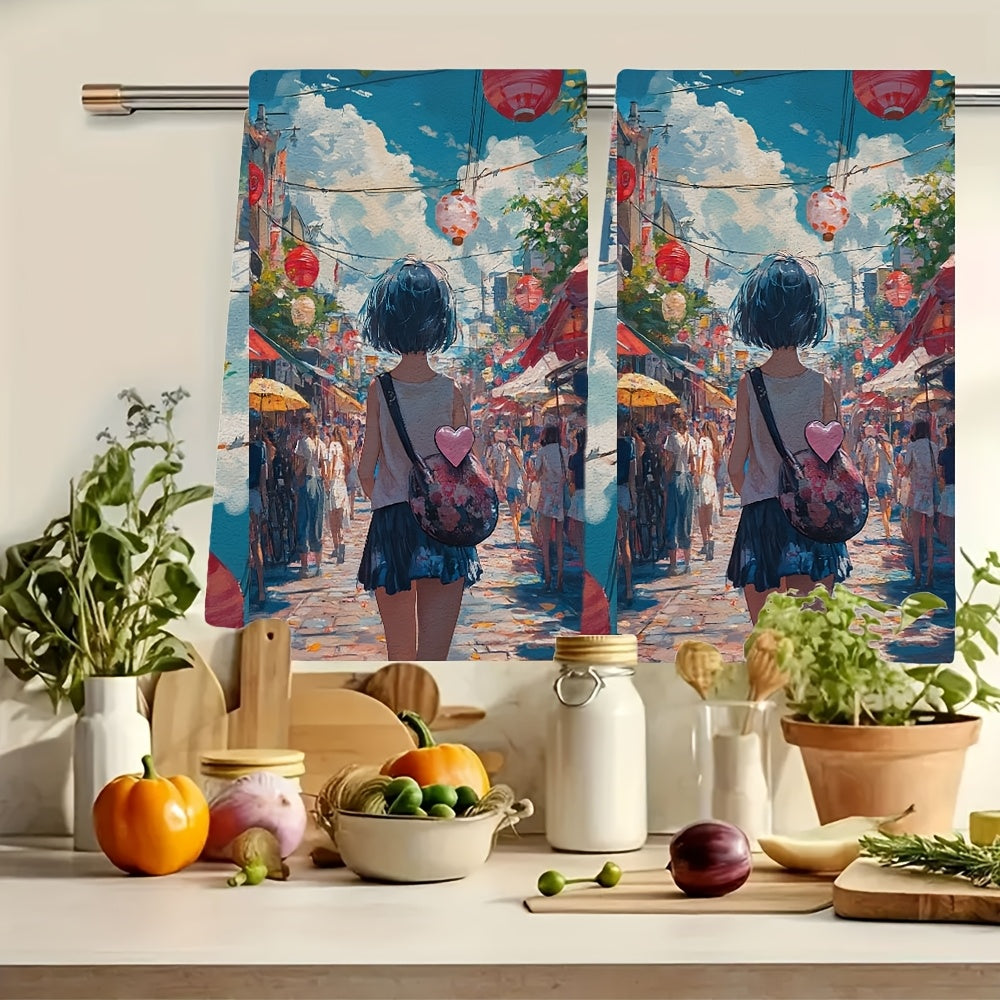 Two-Pack of Ultra Soft Polyester Kitchen Towels with a Contemporary Style, High Absorbency, and Machine Washable feature. Rectangular Dish Hand Towels with a Coastal Theme measuring 40.64x60.96 cm.